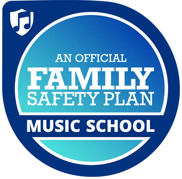 A blue circular badge with a white shield and music note icon, displaying the text: An Official Family Safety Plan Music School for music lessons Westchase.