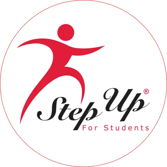 Logo with a red abstract figure in motion above the text Step Up For Students in black and red font, all set against a white circular background—perfect for promoting music lessons Westchase families can trust.