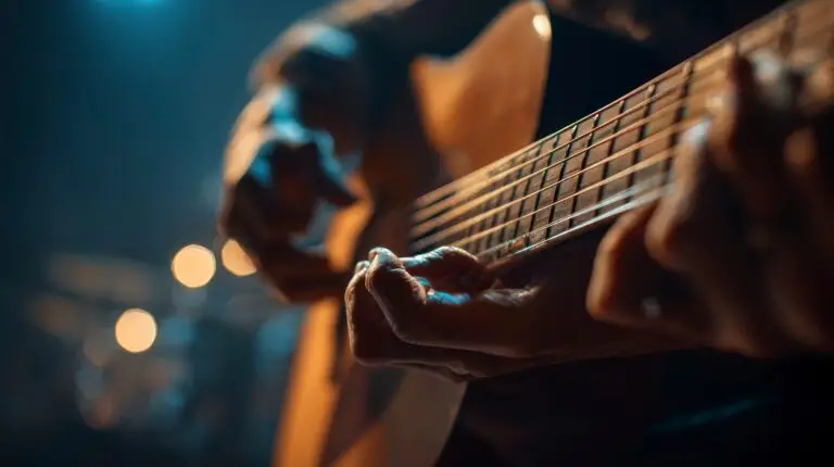 Hands playing acoustic guitar close up