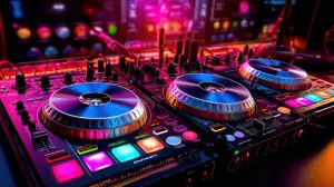 A close-up of a vibrant DJ mixing console with colorful illuminated buttons, dials, and turntables, set against computer screens displaying music software in a lively, neon-lit environment.