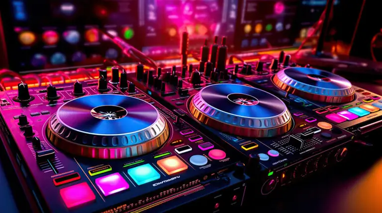 A close-up of a vibrant DJ mixing console with colorful illuminated buttons, dials, and turntables, set against computer screens displaying music software in a lively, neon-lit environment.