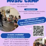 Colorful poster for Orlando Music Camp with event details, a QR code, and photos of children playing instruments and singing. Text highlights dates, activities, contact info, and a list of available weeks at various locations.