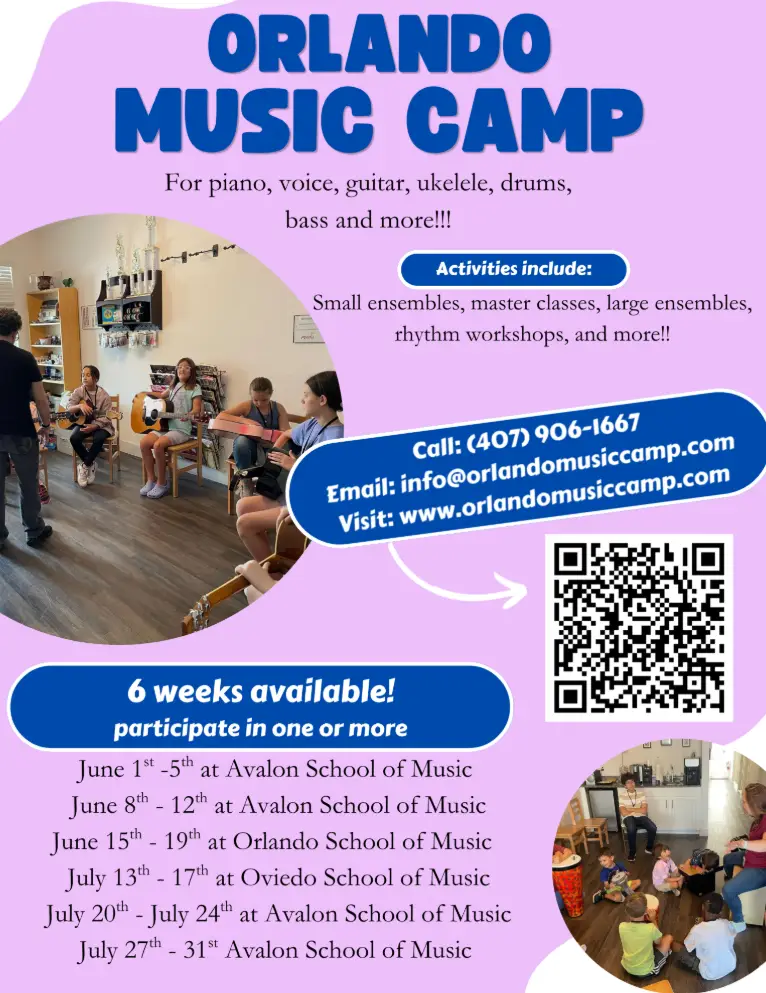 Colorful poster for Orlando Music Camp with event details, a QR code, and photos of children playing instruments and singing. Text highlights dates, activities, contact info, and a list of available weeks at various locations.