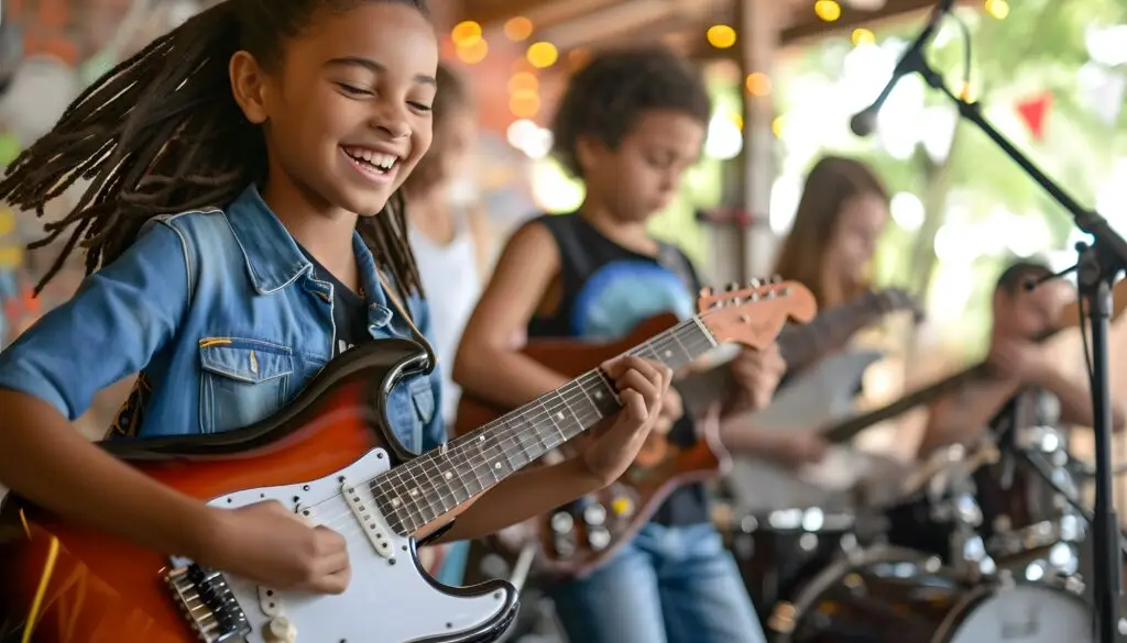 band of kids rocking out playing music together having fun as friends